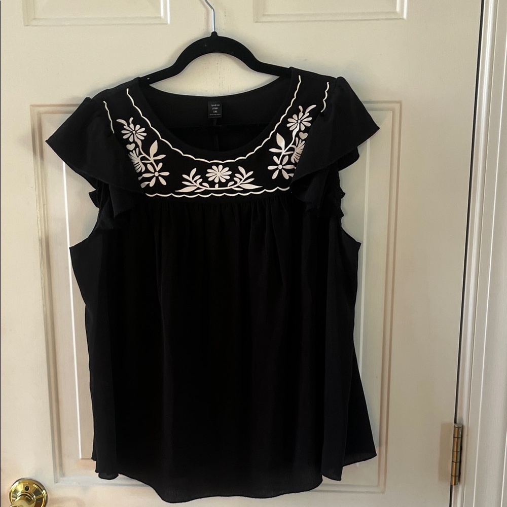 SHEIN Black Blouse with White Floral Embroidery